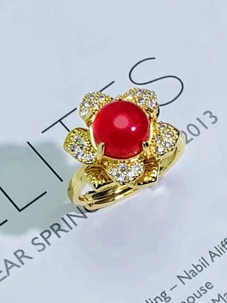 Exquisite 925 Silver Gold-plated Inlaid Noble Red Chalcedony Ring Perfect Flower Shape Handling Fine Jewelry Accessories