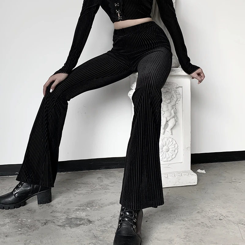 Women Sexy Black Pants Velvet Flare Pants High Waist Slim Fit Fashion Casual Ribbed Knitted Wide Leg Trousers Sport Leggings