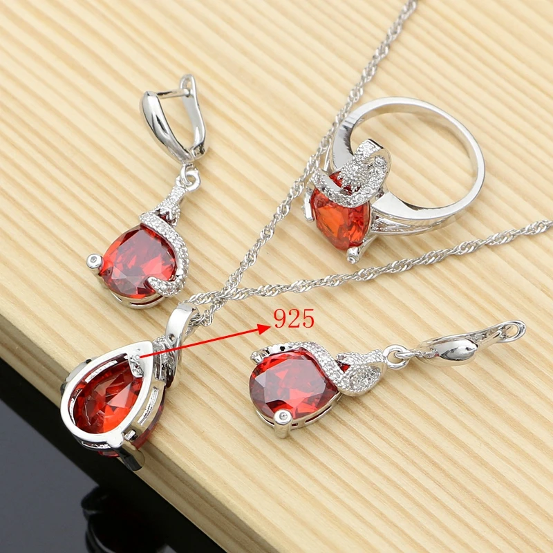 Costume 925 Silver Bridal Jewelry Sets Red CZ For Women Earrings Rings Dropshipping Dubai Jewelry Kits