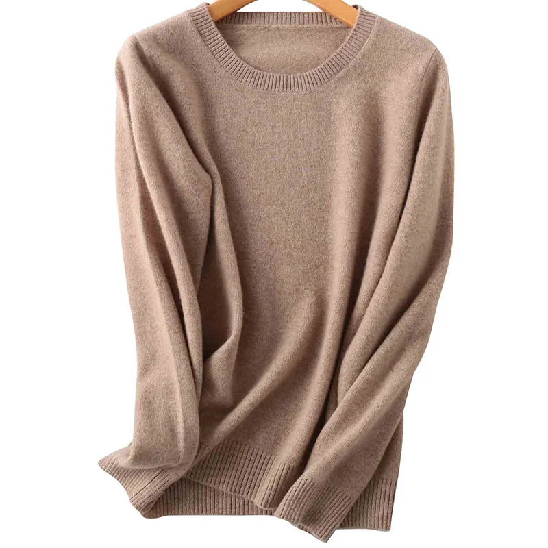 Suéter de Cachemira de lana merina para mujer, Jersey de punto de manga larga con cuello redondo, suave y cálido, Tops de otoño e invierno, 100%