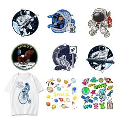 Round Astronaut Space Universe Alien Iron on patch adesivi a trasferimento termico Boy fai da te t-shirt badge applicazioni di abbigliamento Decor F