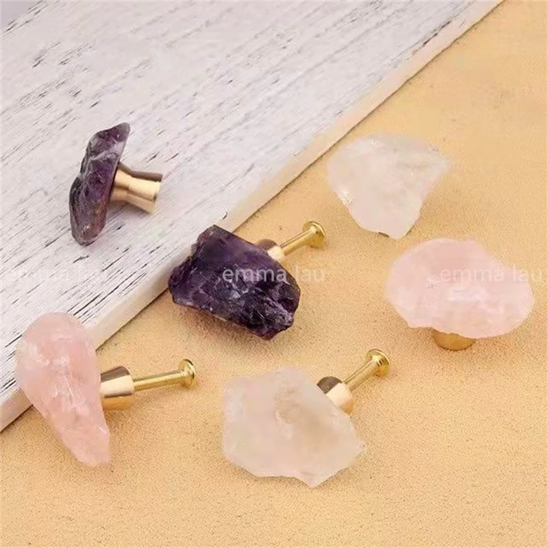 New Natural Rough Fluorite Stone Knob and Handle Brass Base Drawer Kitchen Cupboard Closet Door Knobs Clear Crystal Handles