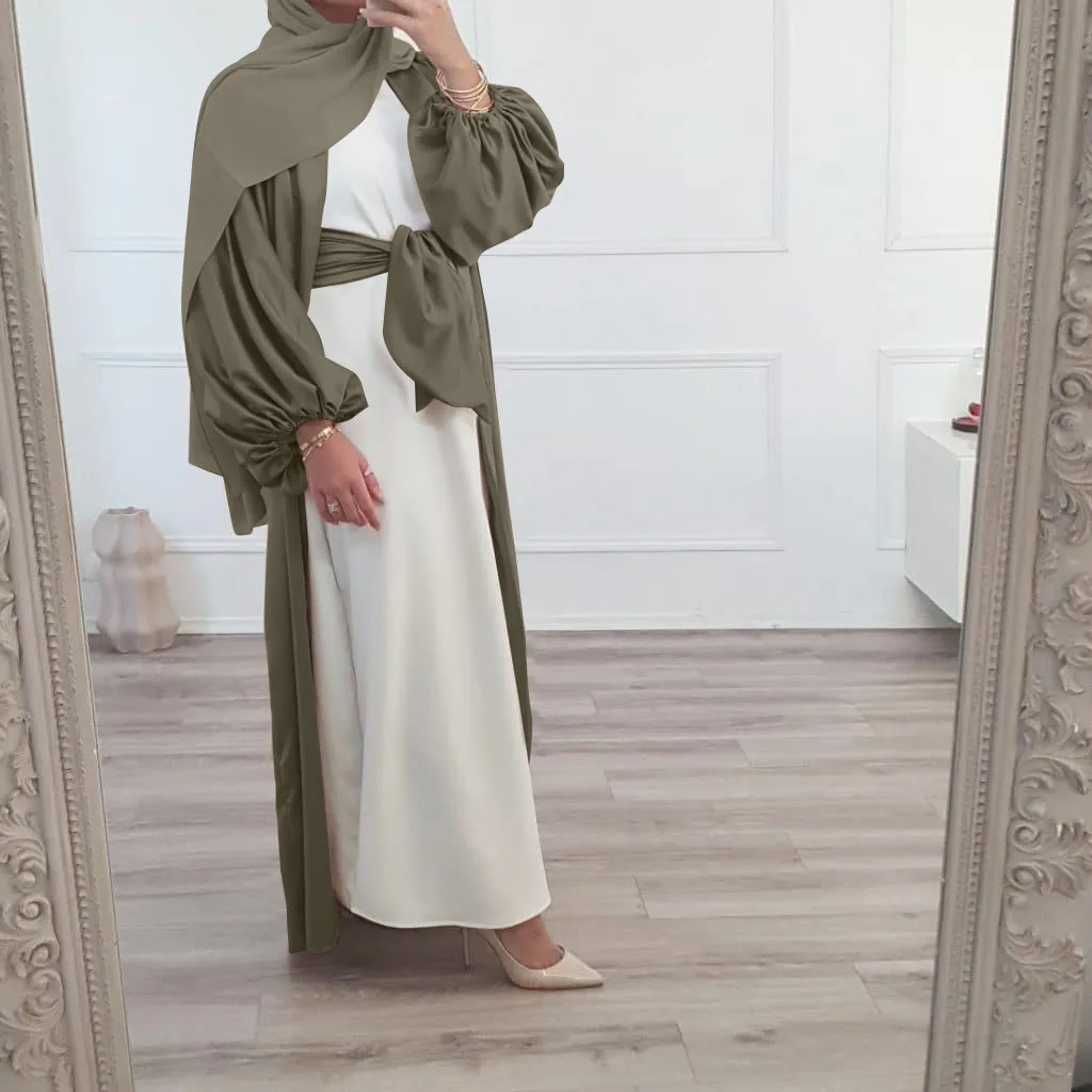 

Puff Sleeve Open Abaya Long Dress for Women Eid Ramadan Muslim Belted Kimono Hijab Robe Dubai Turkey Modesty Outwear Abayas