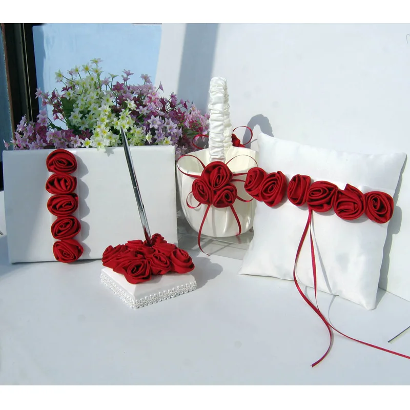 Satin Wedding Sets for Bride, European Rose Decor, Ring Pillow, Flower Basket, Guest Book, Pen , Wedding Supplies, 4 PCs/Set