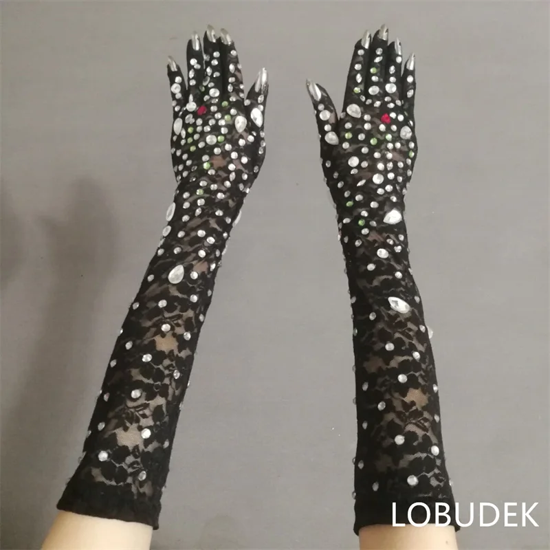 Black White Wedding Gloves Mesh Stretch Rhinestones Crystals Long Mittens Singer Dancer Show Performance Stage Accessories