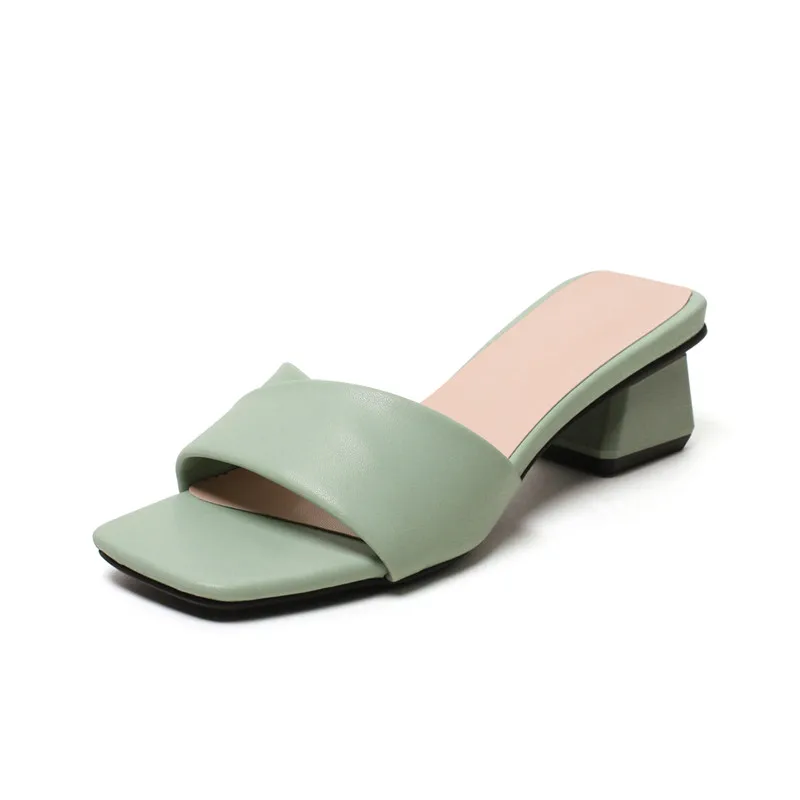 YQBTDL Fashion Block Ladies obcasy zielono-brązowy beżowy Chunky Block Heel slajdy kobiety duże rozmiary lato na świeże powietrze klapki klapki
