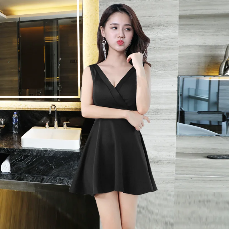 Nightclub low-cut, thin and leaky ladies dress new sexy Office Lady  Polyester  Sleeveless  Knee-Length  Solid