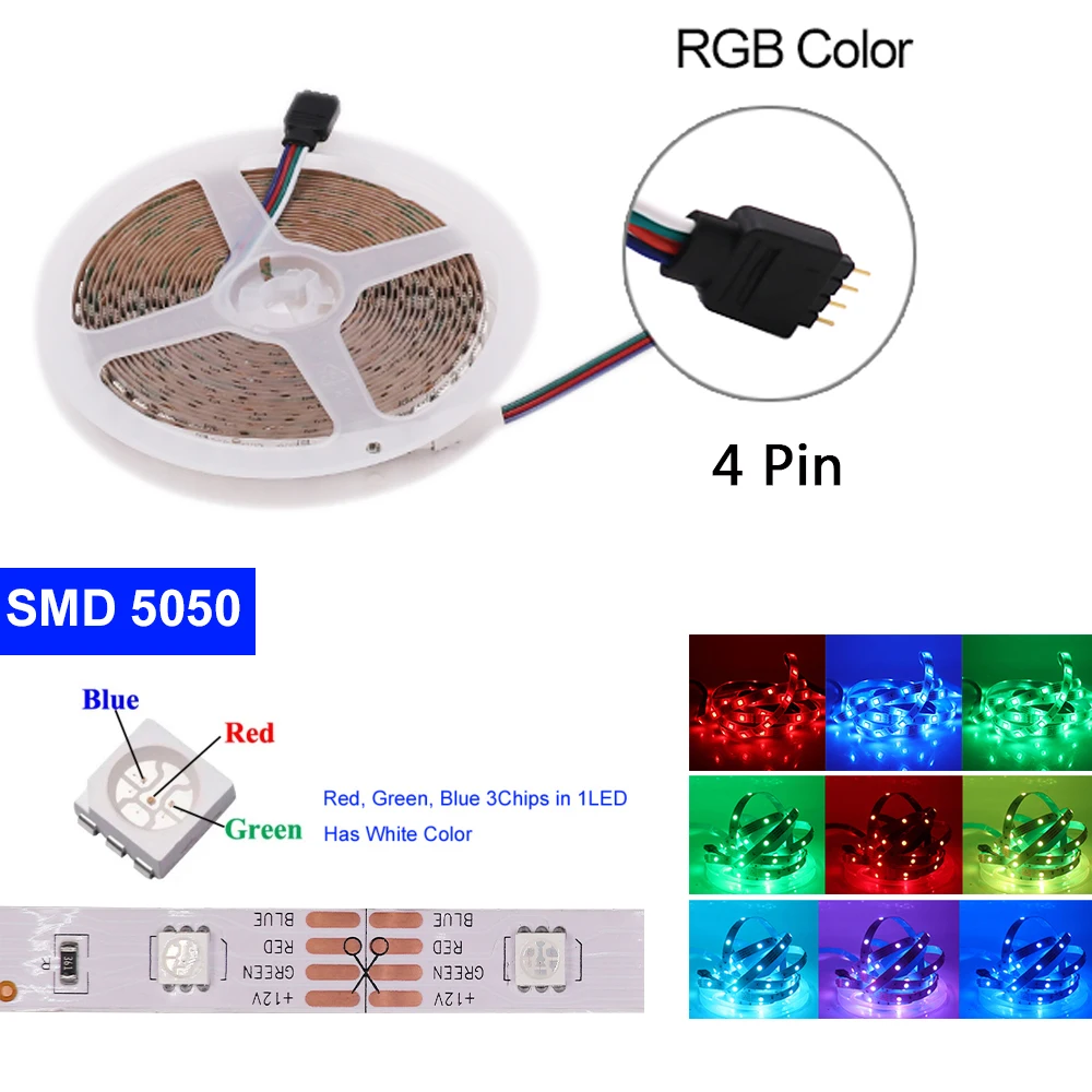 12V 5M LED Strip Light SMD5050 60Leds/m RGB LED Tape Lights 5M 300LED IP65 Waterproof LED Light String Flexible Ribbon Diode