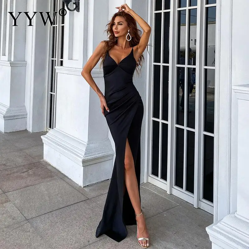 Sexy V-Neck Long Formal Evening Dresses Asymmetric Side Slit Solid Black Night Gown Trendy Party Dresses For Women Ankle Length