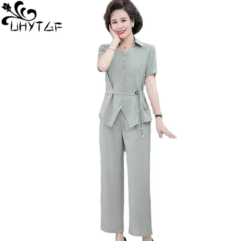 UHYTGF 2021 New Chiffon Summer Two-Piece Set Women High Waisted Wide Leg Pants Casual Female Suit Middle-Aged Mother Tracksuit14