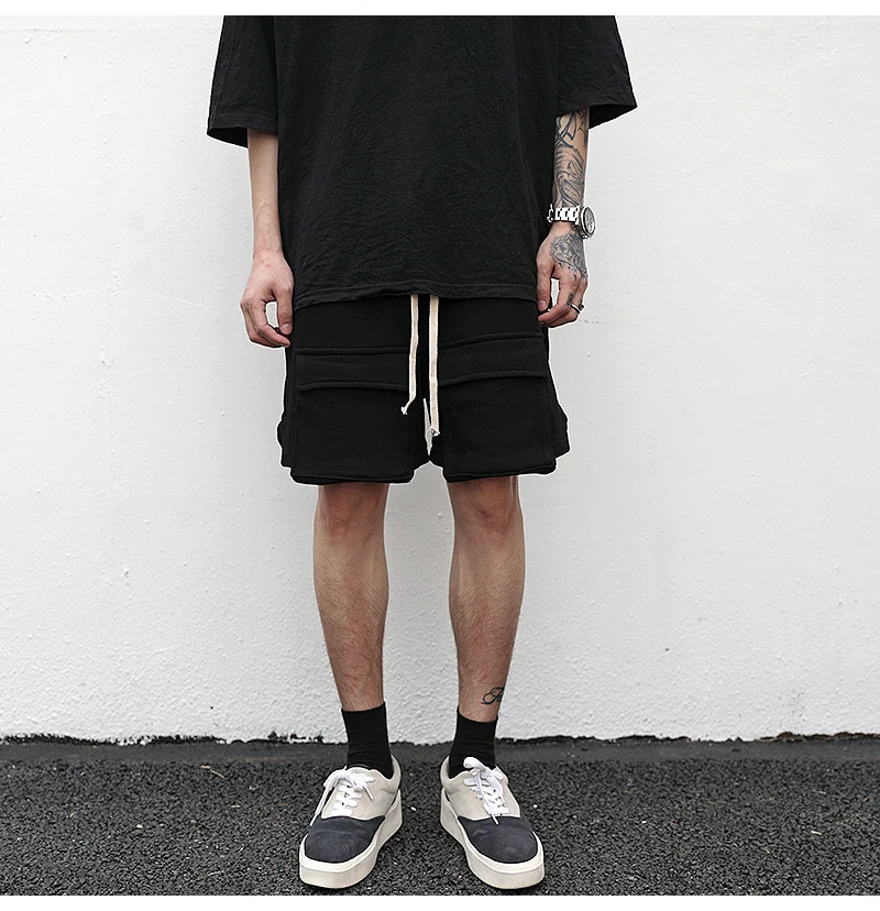 European and American high street style three-dimensional pocket split drawstring shorts  cotton men and women skateboar