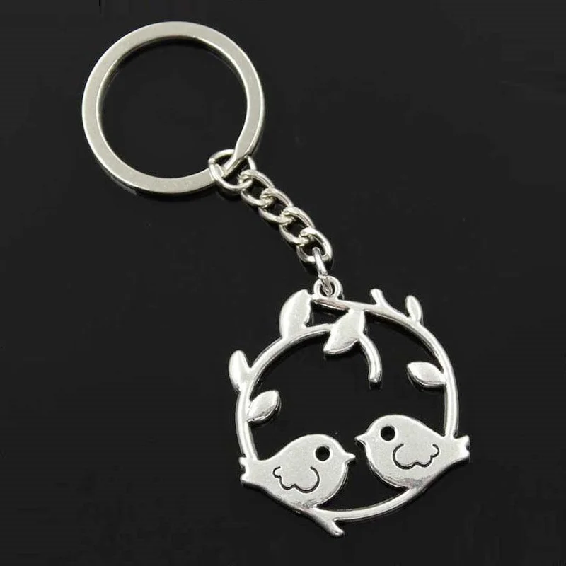 New Fashion Men 30mm Keychain DIY Metal Holder Chain Vintage Lover Bird Branch 38x41mm Silver Color Pendant Gift