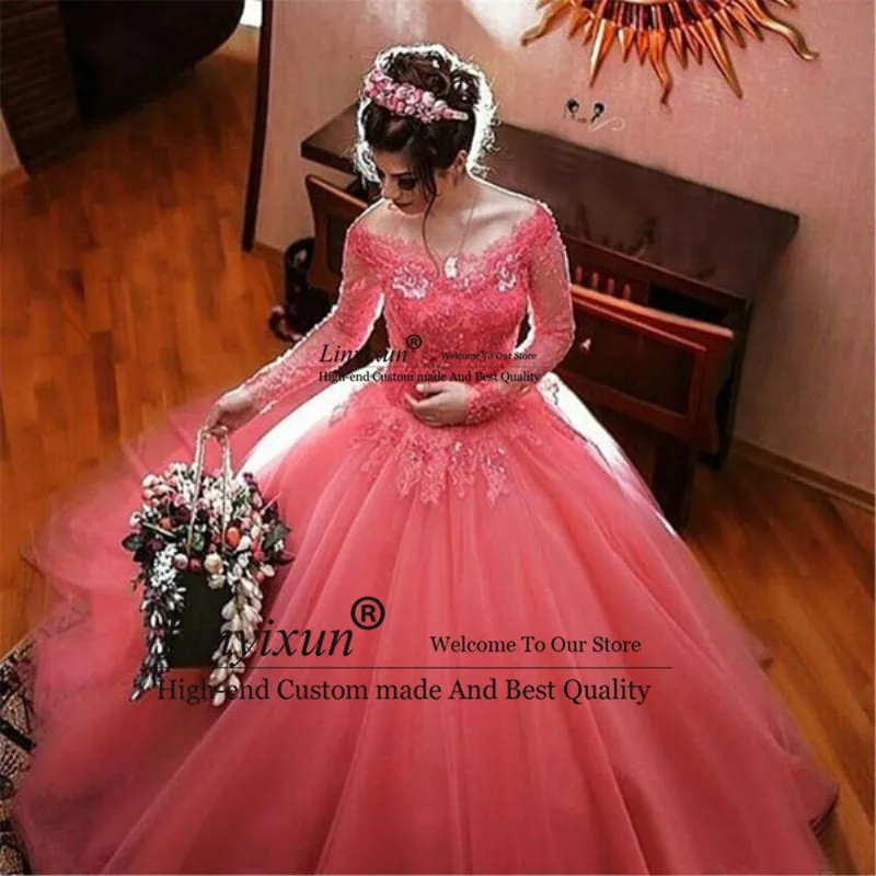 Ball ชุด Quinceanera ชุด Debutante Gowns Sheer แขนยาวแตงโมพรหมหวาน16ชุด Tulle Robe De Bal วันเกิด Party