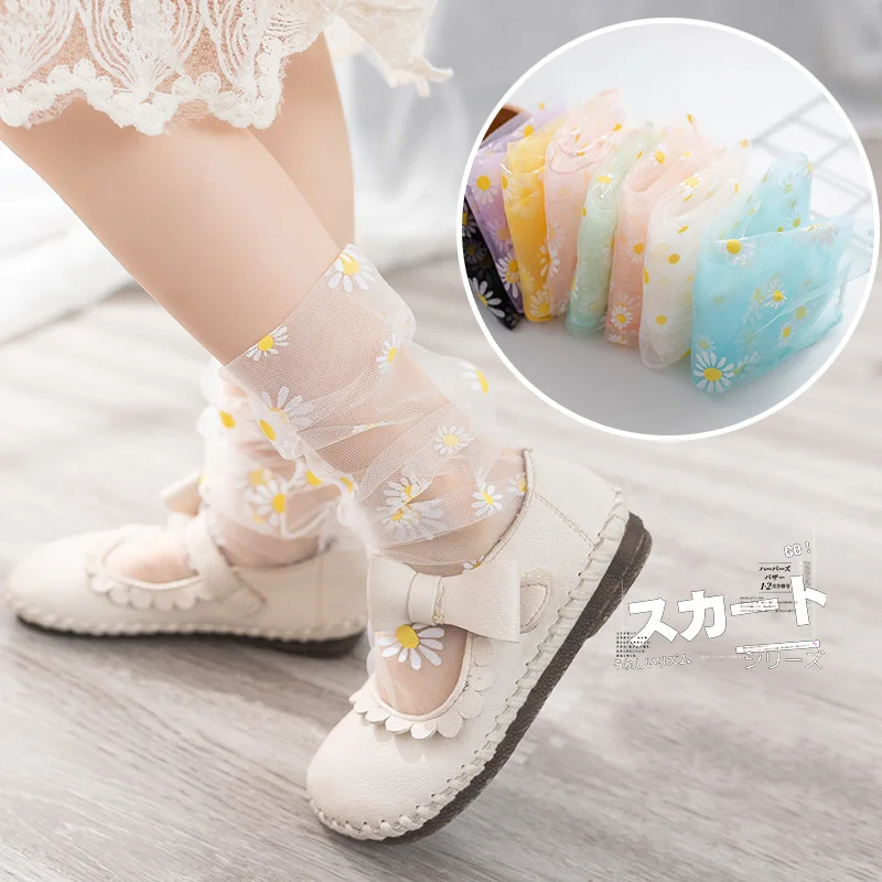 Summer Children\'s Net Yarn Socks Transparent Ultra-thin Stockings Daisy Printed Mesh Socks Baby Toddler Socks