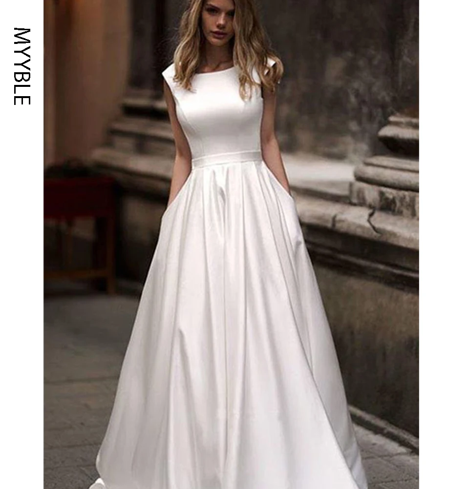 

Customized Wedding Dresses With Pocket Vestido de novia Satin White Sleeveless Bridal Gowns Floor Length Wedding Gown