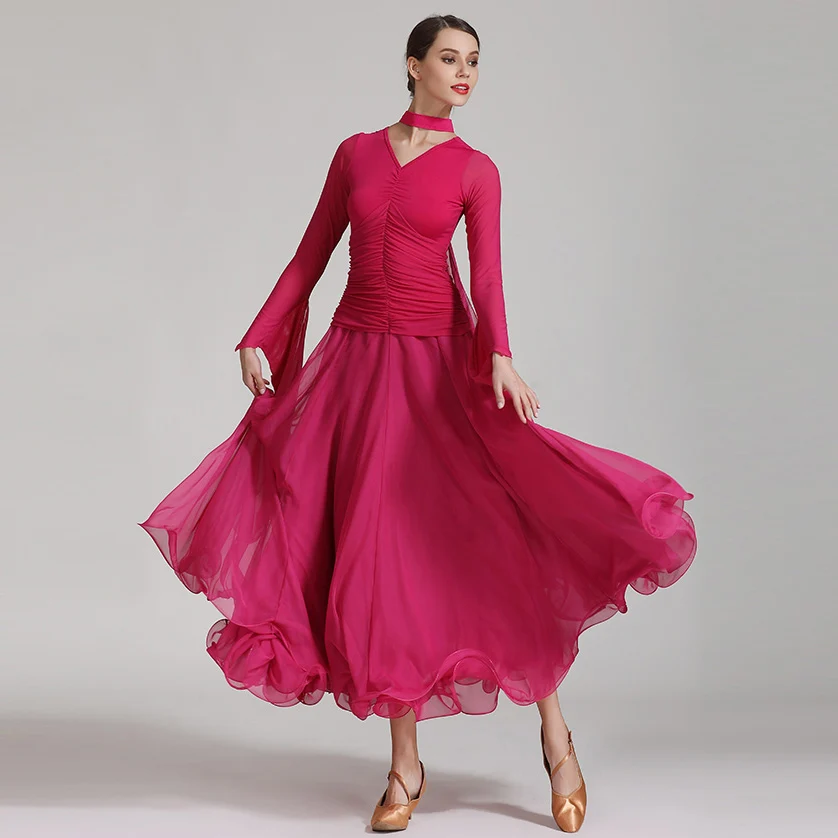 Back Fluttering Chiffon Long Women Ballroom Dress Standard Dance Dress Waltz Costumes Tango Dance Wear For Rumba Practice