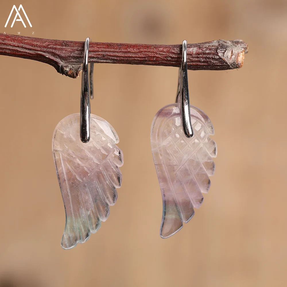 Natural Stone Carved Angel Wings Dangle Earring For Women Gems Stone Unique Drop Earrings Classic Fashion Jewelry Gift Dropship image 6