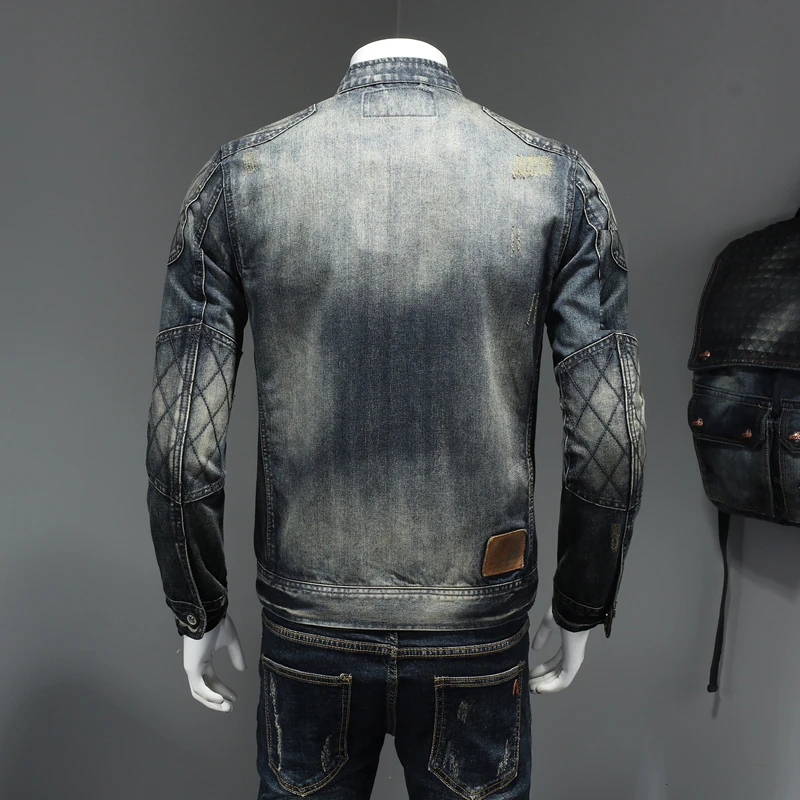 Chaqueta vaquera con cuello levantado para hombre, nuevo estilo, con personalidad, vaqueros para motocicleta, cremallera de solapa, 5XL, primavera y otoño, 2021