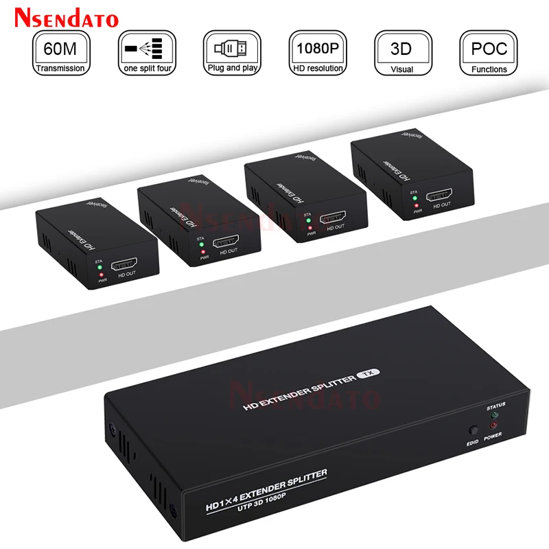 

1x4 HD Extender RJ45 60M Over Cat5e 6 Ethernet TX 1080P HD UTP Splitter 1 in 4 out Extender Transmitter Receiver Adapter for PS4