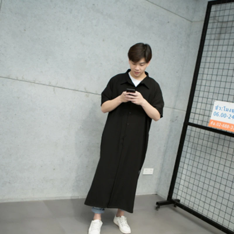 Summer Men's super-long half-sleeve loose shirt dark tide men's short-sleeve Shirt Korean style big personality stylist