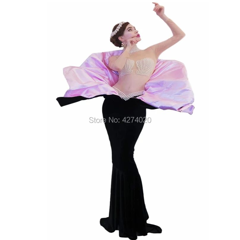 Sexy women pearls shells dresses Pearls Transparent Long Sleeves Dress Birthday Celebrate Long party Dress