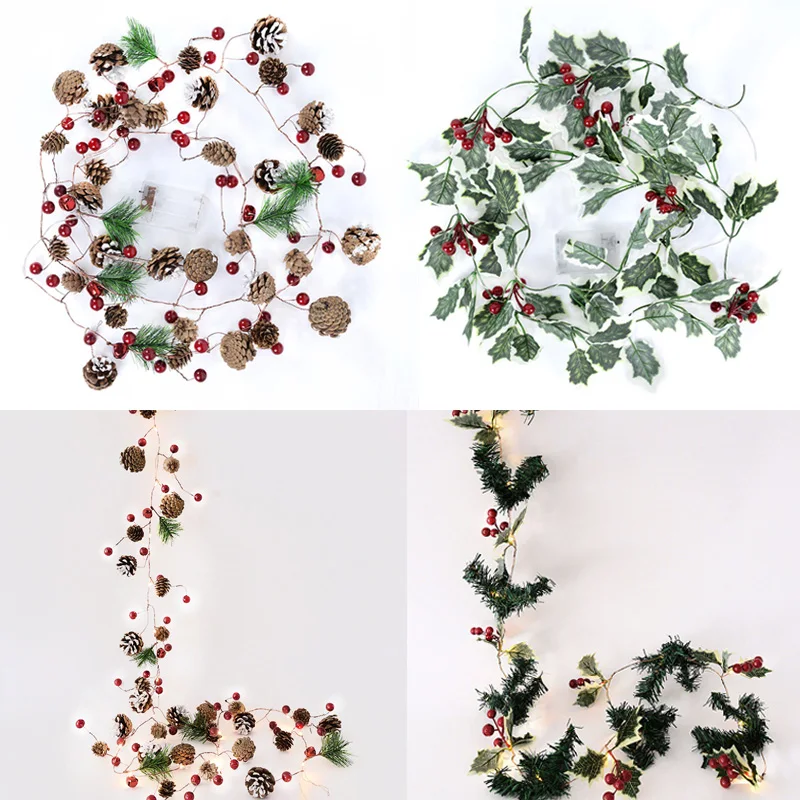 220cm Christmas Pine Cones Garland With LED Fairy String Lights Red Berry Leaves Wreath For Xmas New Year Home Fireplace Decor