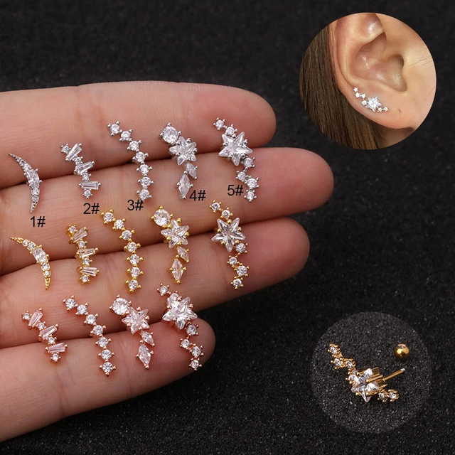 Hot 1Piece Cz Curved Cartilage Earring Ear Piercing Jewelry Stainless Steel Helix Earring Tragus Rook Conch Screw Back Stud AliExpress