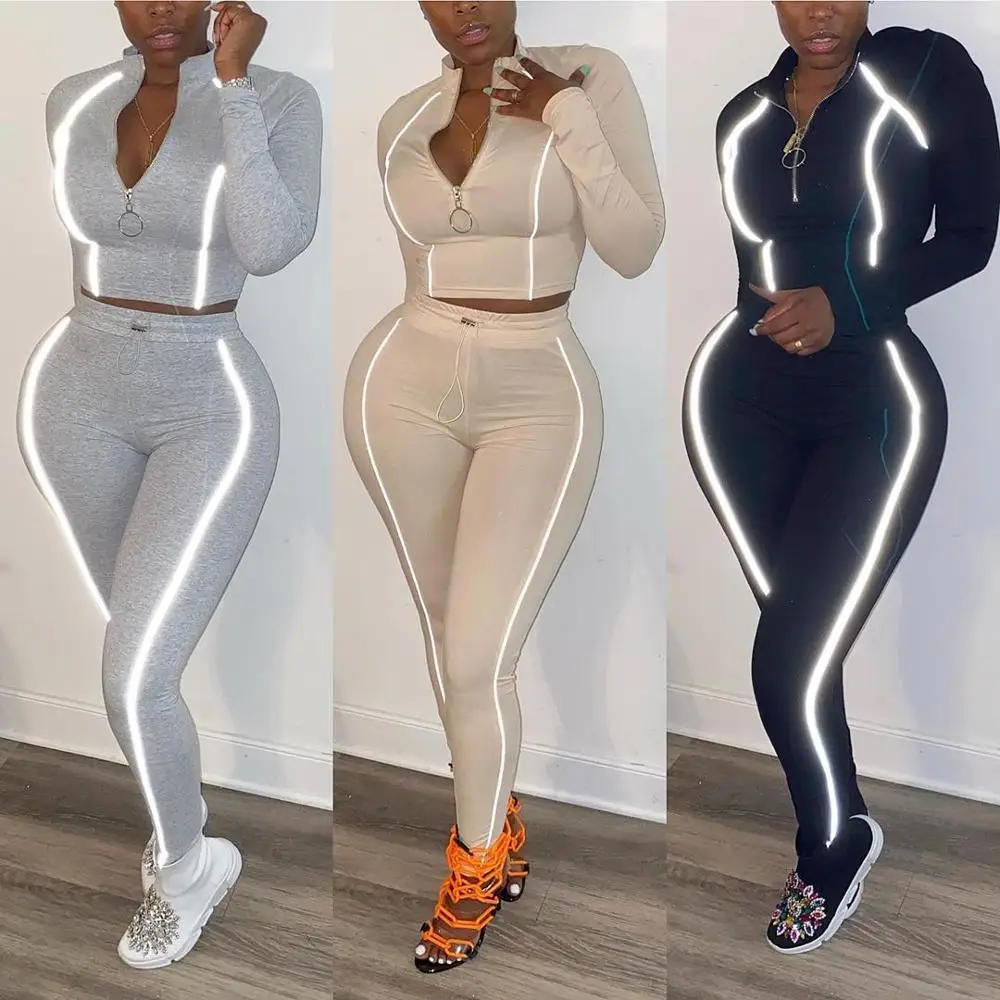 Gestreiften Trainingsanzug Frauen Kleidung Sexy Lounge tragen Zipper Langarm Crop Top + Leggings Bodycon Zwei Stück Set Jogging Femme