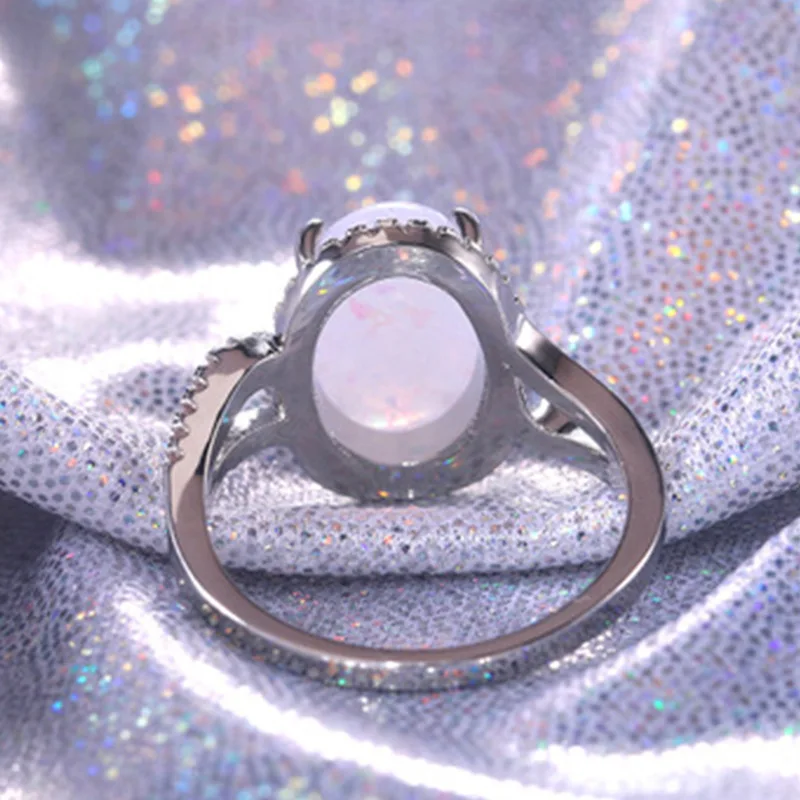 Milangirl Large Oval Fire Opal Ring Fashion Jewelry White Moonstone Bright Color Rings for Women Wedding Engagement Ring