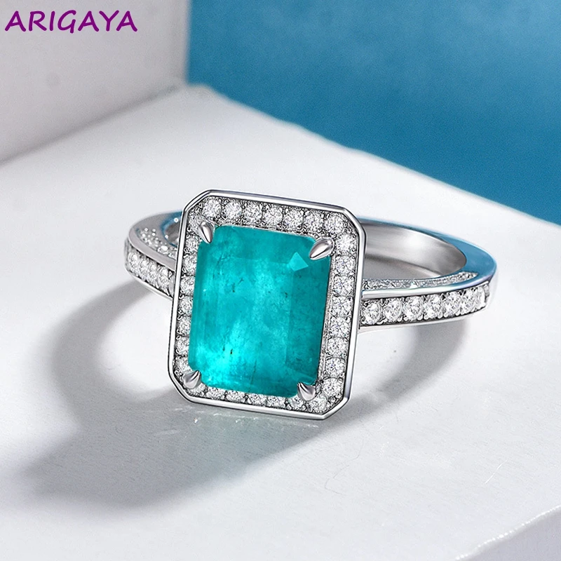 ARIGAYA 925 sterling silver Finger Rings With Created Gemstone Paraiba Tourmaline Ring For Women Luxury Wedding Jewerlry