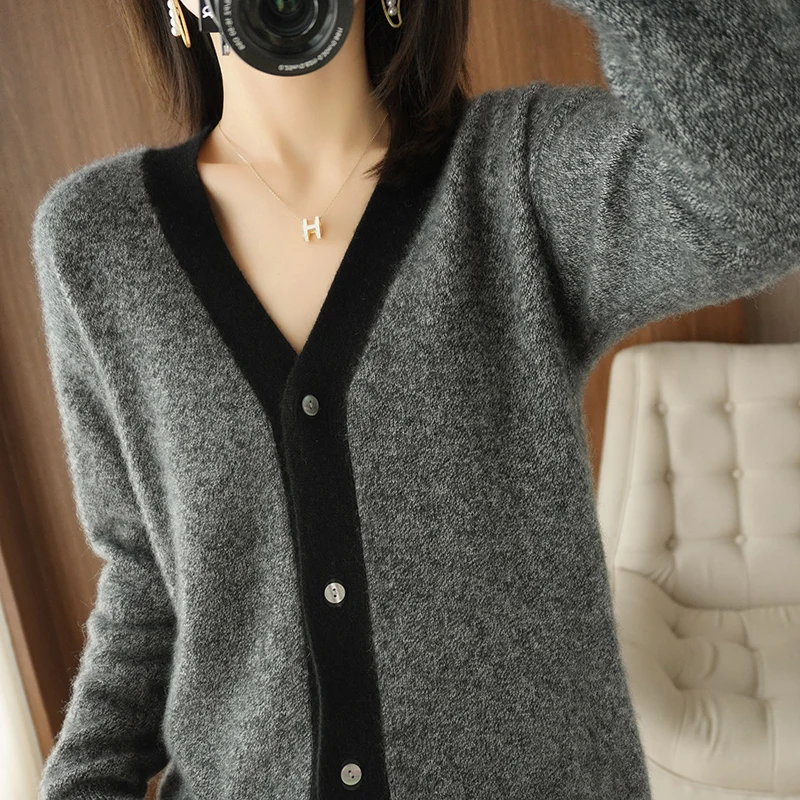 2021 autumn/winter new 100% Cashmere cardigan v-neck sweater coat Lazy style loose knit jacket top women\'s jacket