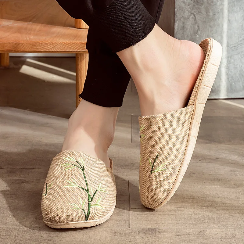 Glglgege 2021 Flax slippers for female summer lovers at home embroidered cotton and linen floor sandals with soft soles