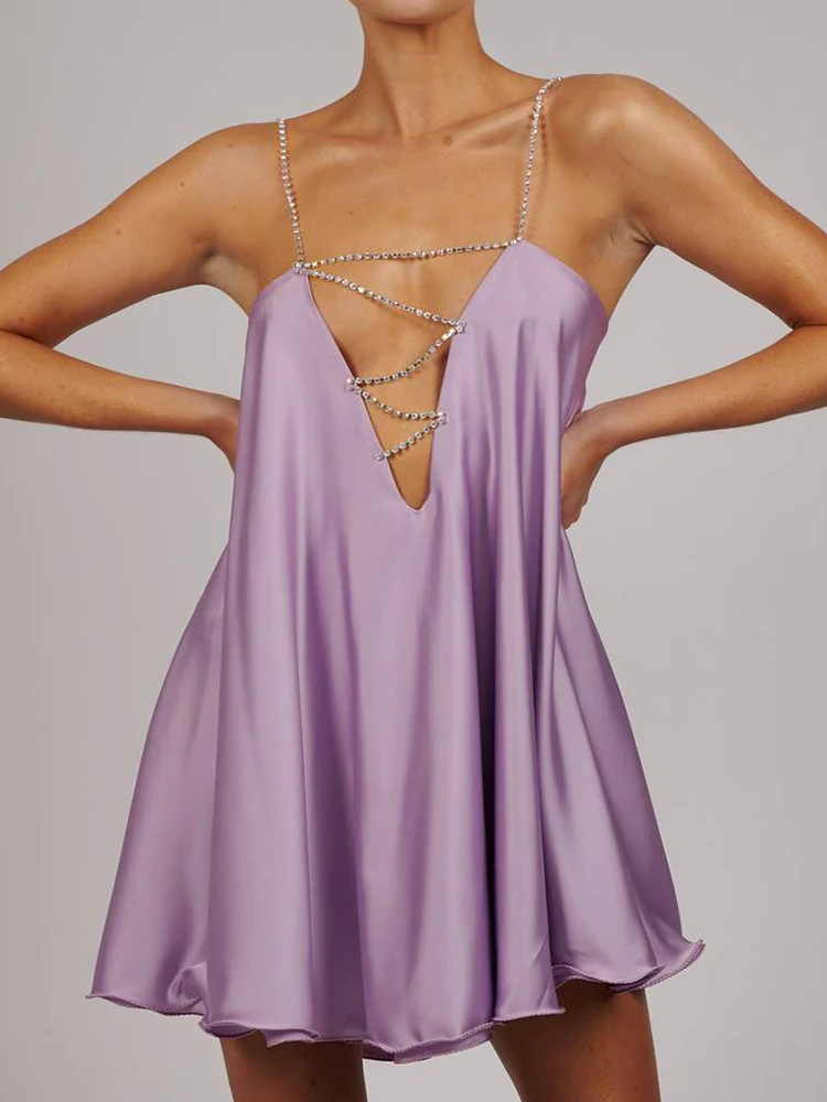 Robe trapèze dos bas en satin JOSatin avec bretelles en cristal irisé, mini robe de club de fête de célébrité, col sexy, diamant élégant