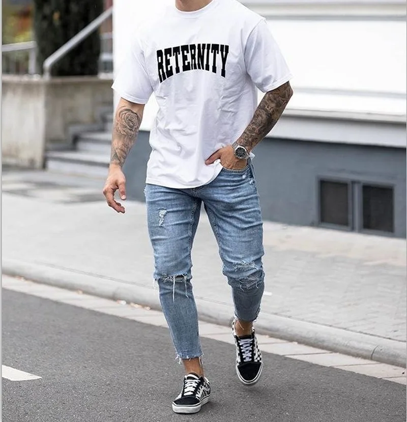 Casual Skinny Jeans Ankle Length Ripped Denim Pant Zipper Fly Men Clothing Cut Bottom Pencil Pant Light Blue Cowboys Streetwear