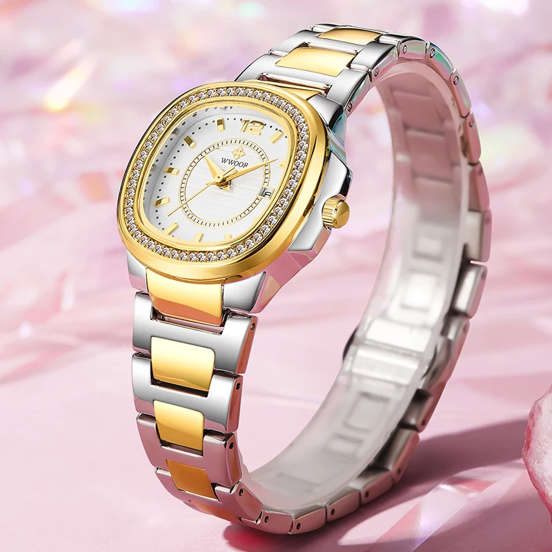 WWOOR Fashion Luxury Women Watch Diamond Ladies Quartz Bracelet Wristwatches Elegant Women Watch Date Female Clock Montre Femme