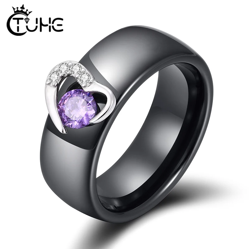 925 Sterling Silver Heart Ceramic Ring Black White Ceramic Rings For Women With Purple Crystal Wedding Engagement Jewelry Gifts