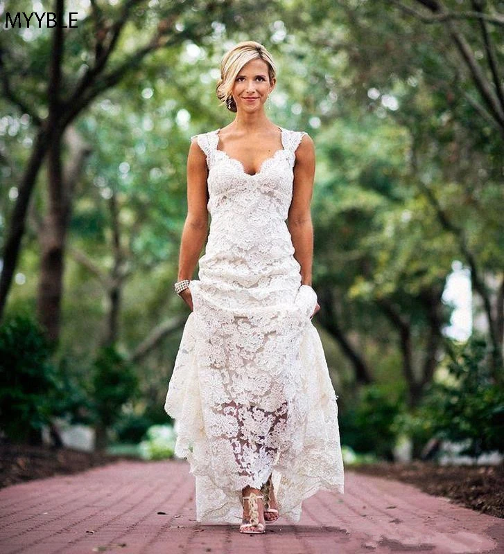 MYYBLE-vestidos de novia bohemios de encaje, con cuello en V, Mangas de casquillo, abertura en la espalda, Vintage