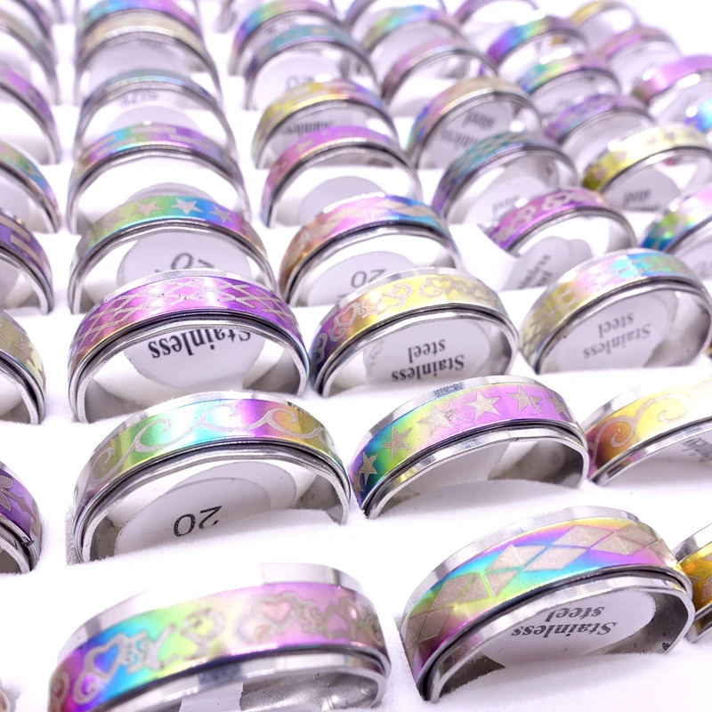 Wholesale 50pcs/Lot Mens Womens Multicolor Stainless Steel Spinner Rings Fashion Jewelry Variety of Patterns Size 17-21mm