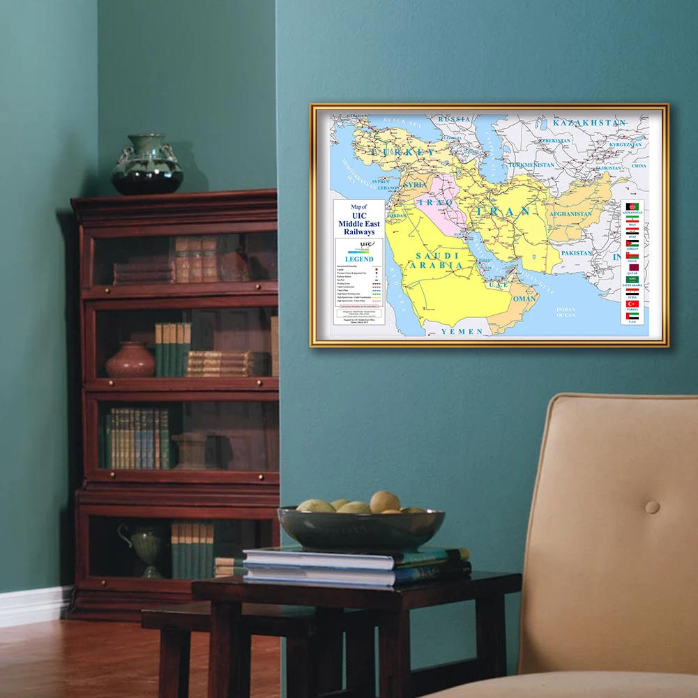 59*42cm Map of Middle East Railways with Country Flags Vintage Poster Canvas Painting Home Decoration Travel School Supplies