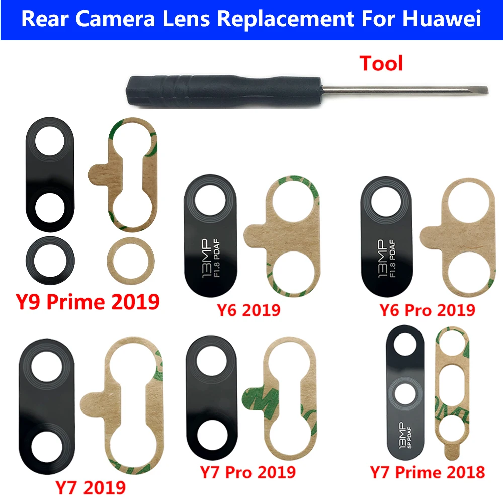 1Pcs，NEW Camera Glass For Huawei Y5P 2020 Y6 Pro Y7 Pro 2019 Y9 Y7 Prime 2018 Rear Back Camera glass Lens With Glue Sticker