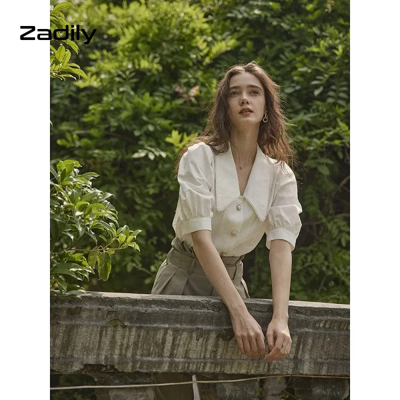 Zadily Chic Vintage Short Sleeve White Shirt Women Lace Turn Down Collar Puff Short Sleeve Blouse 2021 Summer Female Clothing