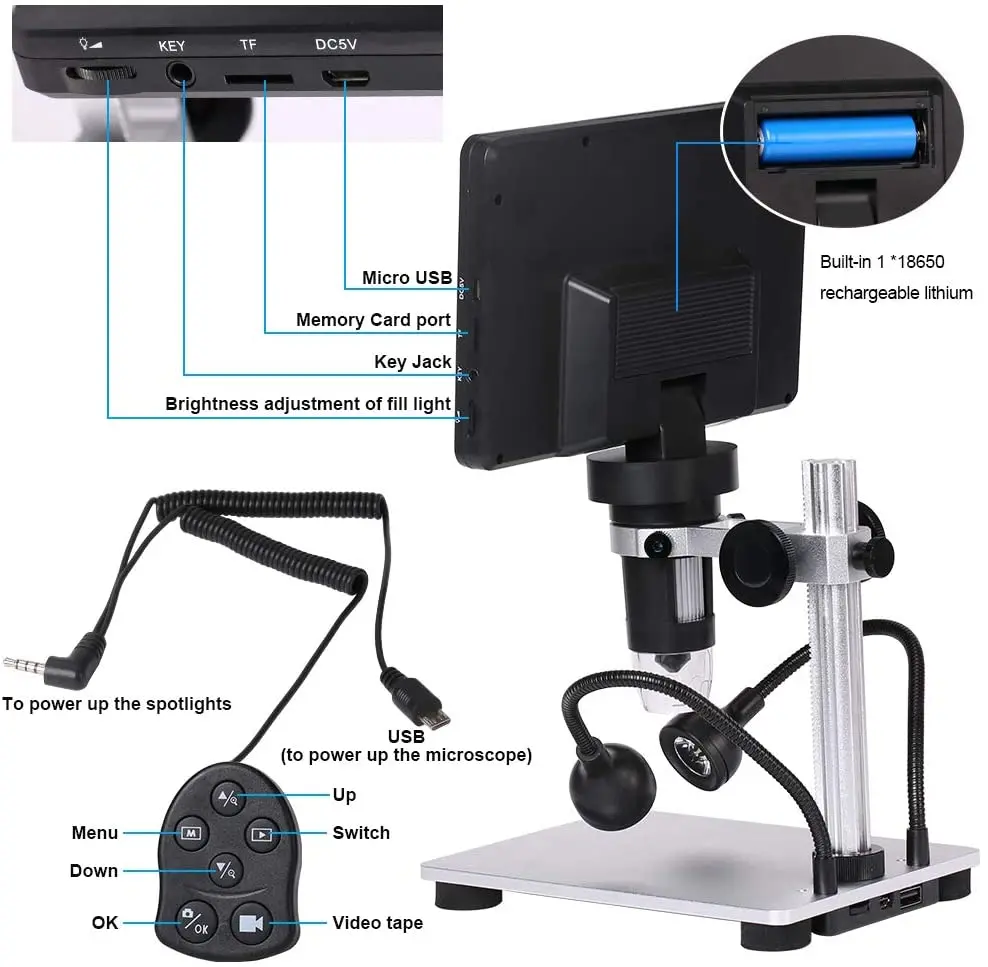 Latest 7 inch 1080P LCD Digital industrial Microscope with Wired Remote,1200X Magnification Handheld Microscope for iPhone iPad