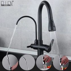 Deck Mounted Black Kitchen Faucets Pull Out Hot Cold Water Filter Tap for Kitchen Three Ways Sink Mixer Kitchen Faucet ELK9139B