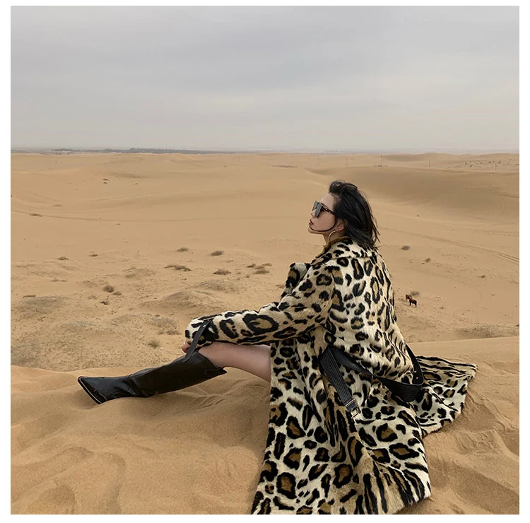 Lautaro Winter Long Leopard Print Warm Fluffy Faux Fur Trench Coat for Women Long Sleeve Double Breasted European Fashion 2021