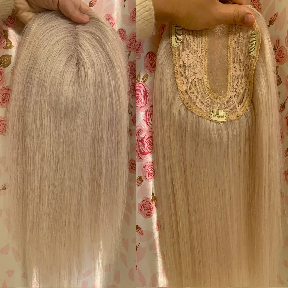 

20'' Ash Blonde color Women Topper Hairpieces 130-150% Density Straight Virgin Cuticle Human Hair Half Lace+Weft Base Toupee