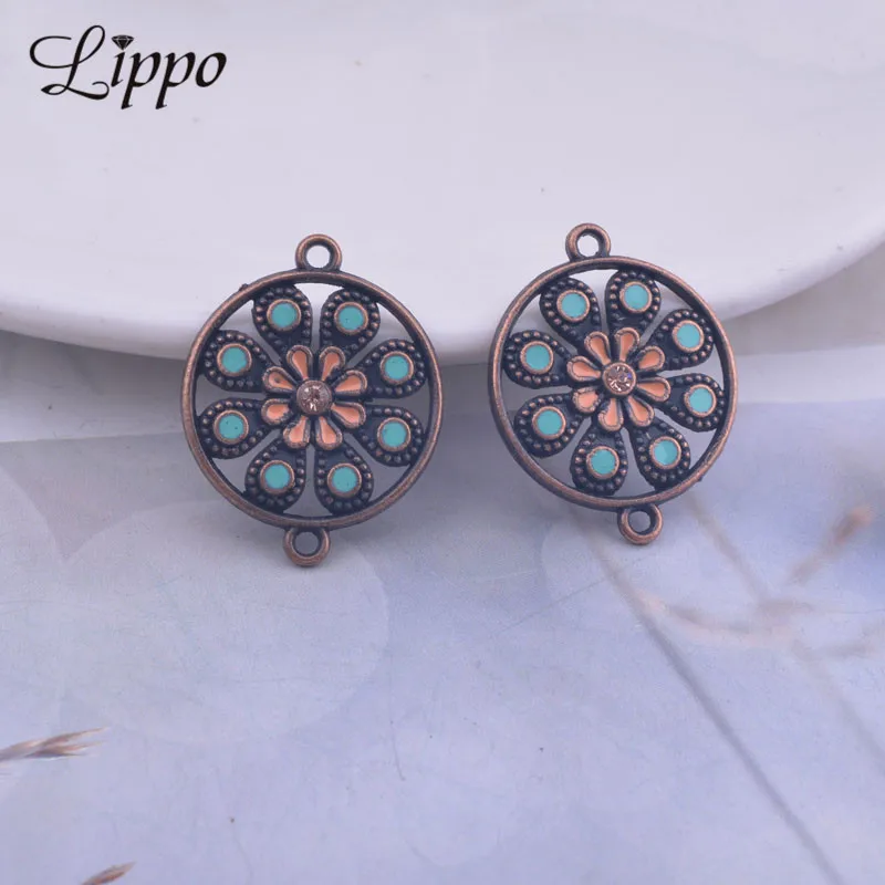 12pcs Antique Copper Color Round Enamel Flower Earrings Connector Earrings Pendant Base Connector DIY  Jewelry Findings