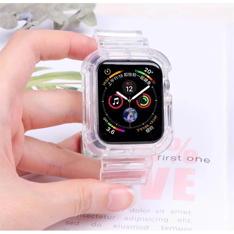 แถบใส + เคสสำหรับ Apple Watch 8 7 6 SE 5 3 2สายซิลิโคนใสนิ่มสำหรับสายรัด iWatch 40มม. 44มม. 42มม. 41มม. 45มม. 49มม.