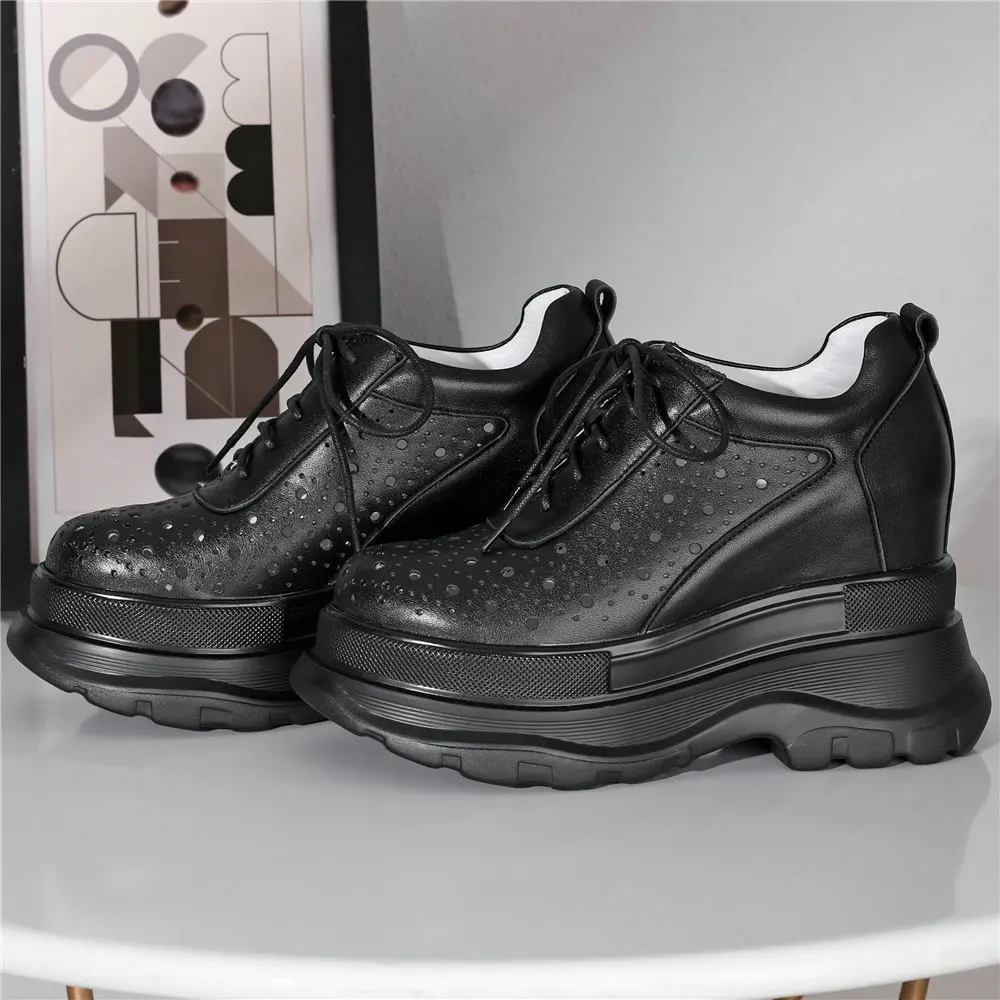 Breathable Fashion Sneakers Women Genuine Leather Wedges High Heel Ankle Boots Female Lace Up Round Toe Platform Pumps Shoes