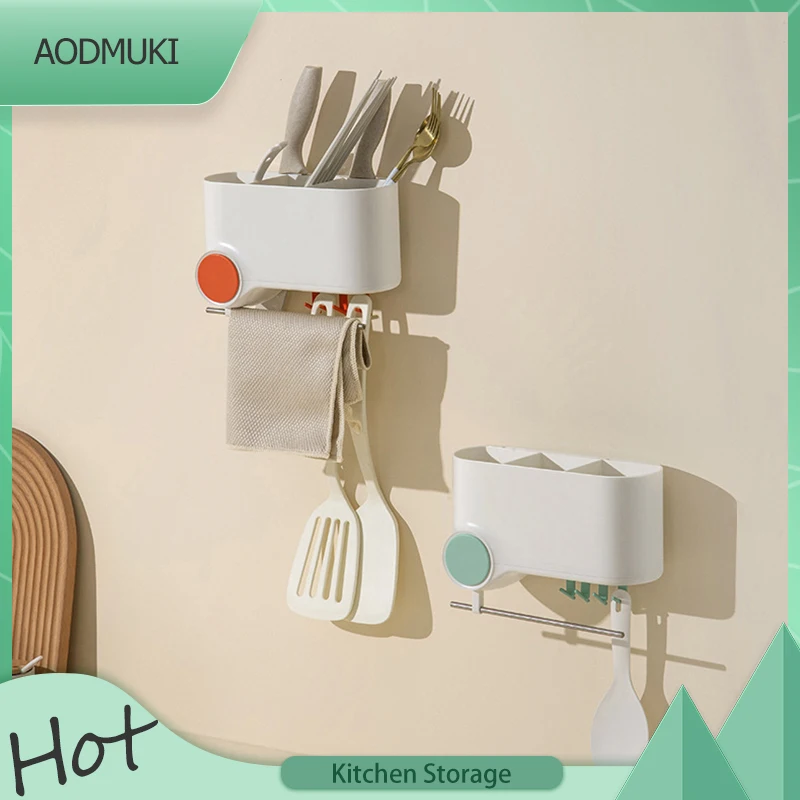 

Multifunction Wall-Mounted Chopstick Cage Sub-Grid Storage Rack Plastic Knives Shelf Tableware Holder with Removable Hook Home