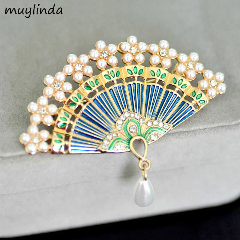 muylinda Retro Enamel Fan Brooches For Women Charm Imitation Pearls Scarf Suit Broche Broach Pins Jewelry Best Gift